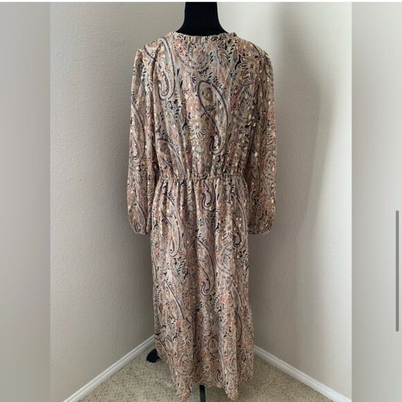 Paisley shimmer V-neck midi dress in gold and neutrals Loft - Picture 5 of 9